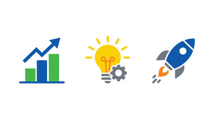 Growth chart lightbulb with gears and rocket ship icons in flat silhouette © shamim