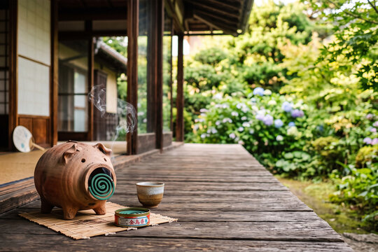 日本の夏の風景を捉えた写真。昭和レトロな夏休みをテーマにしています。古い木製の縁側（えんがわ）に、煙が立ち上る伝統的な陶器製の「蚊やり豚（かやりぶた）」が置かれています。背景には緑豊かな夏の庭が広がり、美しく滑らかで柔らかな温かみのあるノスタルジックで情緒あふれる雰囲気です。
