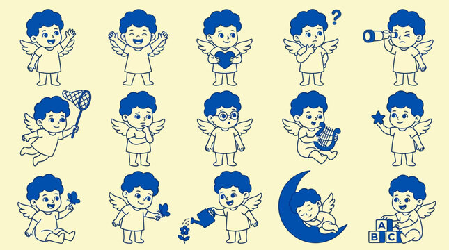 Cute Cartoon Baby Angel Character Set with Various Emotions and Activities, Blue Line Art Cherub Illustrations