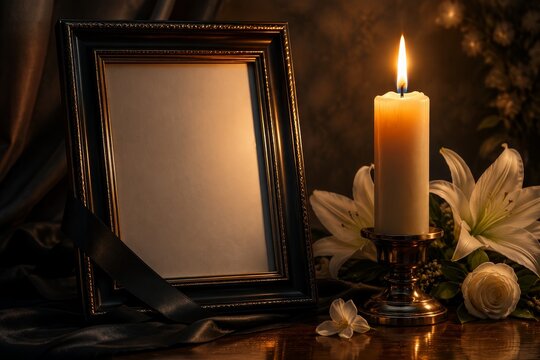 Empty mourning photo frame with black ribbon, burning candle and white lily flowers. Funeral tribute for memorial service. Remembrance concept for sad loss and sorrow. Dark background.