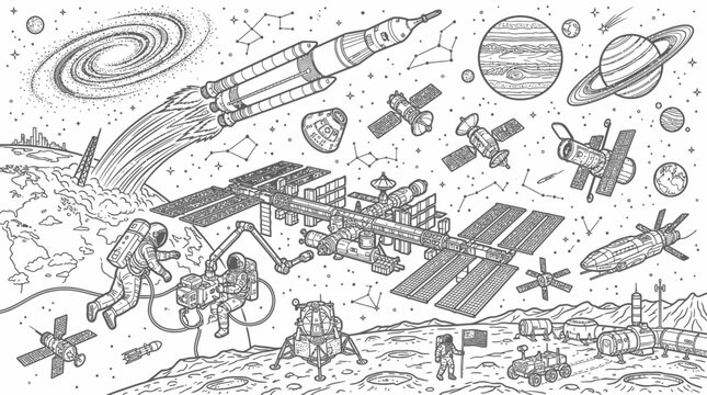 Space exploration technology and astronauts in action. Detailed vector illustration of rockets, satellites, and lunar rovers. Futuristic sci-fi con...