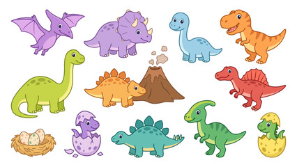 Cute Dinosaur Set Flat Vector Illustration for Kids © Stock Master 