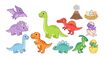 Cute Dinosaur Vector Set, Kawaii Prehistoric Animal Illustration © Stock Master 
