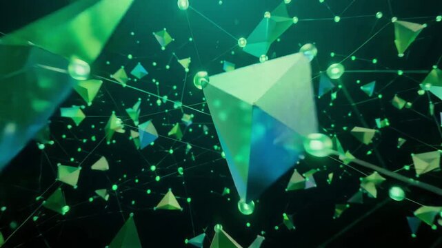Green geometric triangle shapes floating in dark space creating a dynamic motion animation digital background