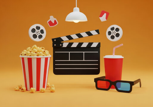 Fun movie night concept featuring cinema clapperboard popcorn bucket red drink cup with straw 3d glasses and film reels on bright orange back.