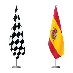 Obraz premium Checkered and Spain flags on flagpoles for official ceremonies and meetings, transparent background vector