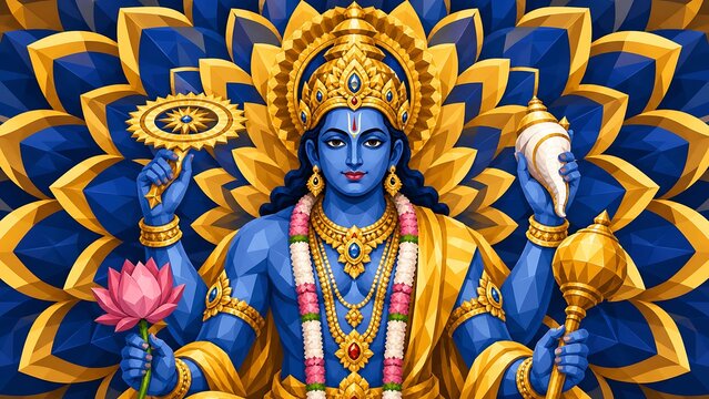 Lord Vishnu Emblematic Representation: A depiction of Lord Vishnu, adorned in regal attire and jewelry, holding his traditional emblems &ndash; the Sudarshana Chakra, lotus, conch, and mace.
