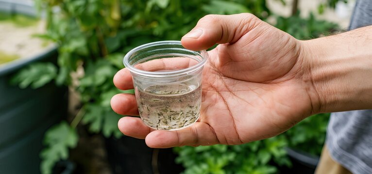 A hand examines a transparent container of mosquito larvae by a garden water tank, highlighting pest control efforts.