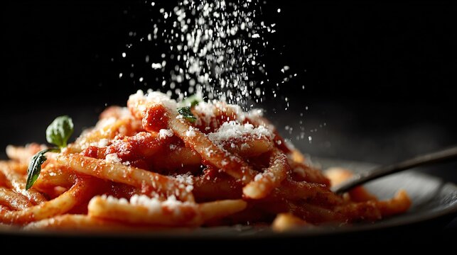 A macro shot of grated cheese falling onto pasta with tomato sauce captured mid-air