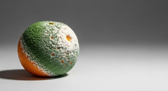 A single overripe orange covered in green and white mold sits alone against a minimalist grey background, showcasing natural decay and age, peel, simple, studio