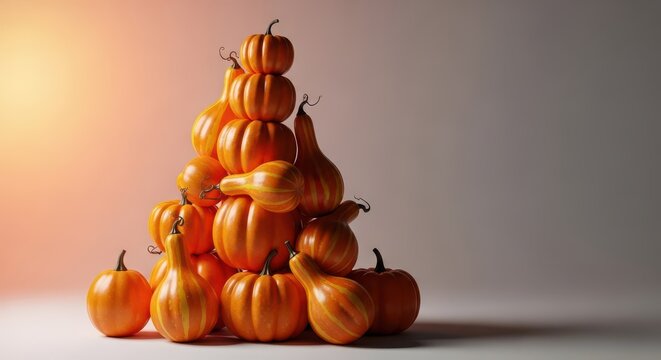 A stack of vibrant orange faux pumpkins and gourds featuring subtle textural details, suitable for long-lasting autumn and Halloween decorations, halloween, grouping, multiple