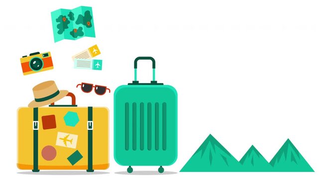 Modern travel animated featuring suitcase, luggage, passport, airplane, map, camera, tickets, compass, mountains, and sunshine. Perfect for travel, tourism, vacation, holiday, adventure, journey, trip