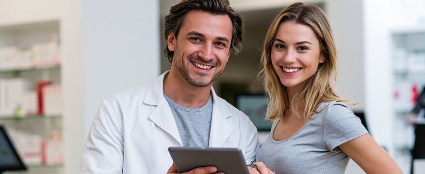 Pharmacist engaging with a happy client using a tablet in a well-lit, contemporary pharmacy setting.