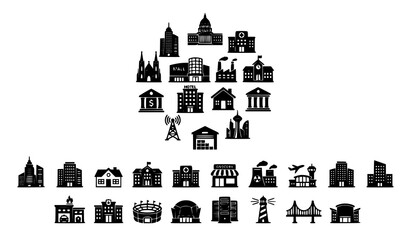 Obraz premium City Building Icon Pack with Black and White Architecture Symbols Vector Illustration