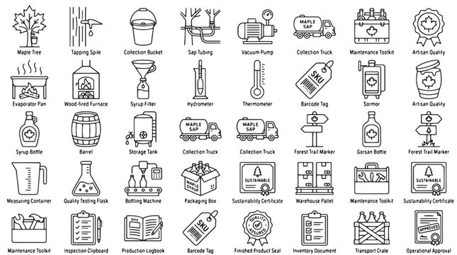 40 Brewery, Distillery, Winery Icons, Beer, Wine, Liquor, Packaging, Symbols, Line Art