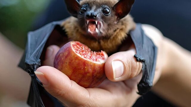 Adorable Bat Eating Fig Fruit Held in Hand Close-up