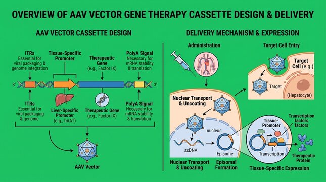 Scientific Diagram Illustrating AAV Vector Gene Therapy Cassette Design and Delivery Mechanism for Medical Research
