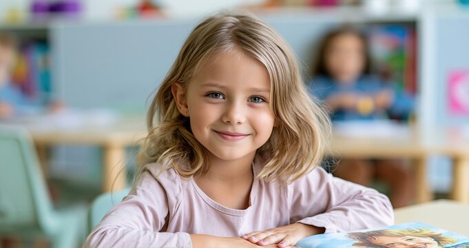 A joyful little girl discovering a vibrant storybook in a lively kindergarten classroom environment.
