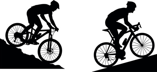 Obraz premium Black Silhouette Illustration of Cyclists Riding Uphill and Downhill on Sloped Terrain