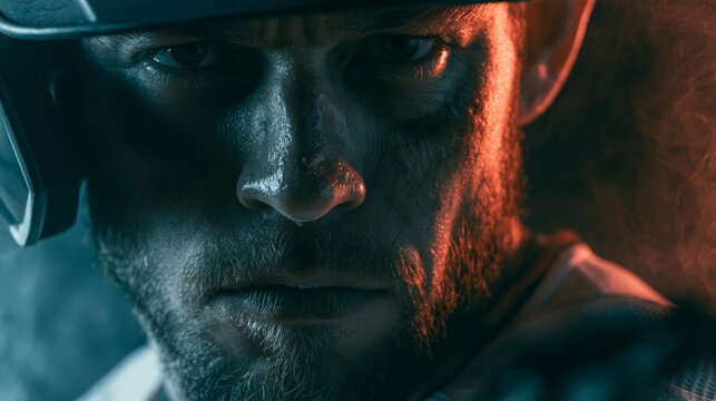 Intense baseball player's face illuminated by dramatic lighting, ready for action