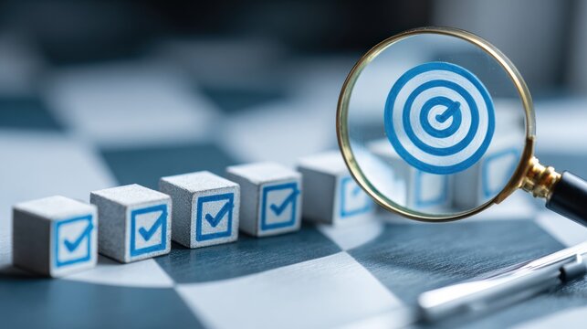 Magnifying glass over cubes with target symbol suggesting business goals