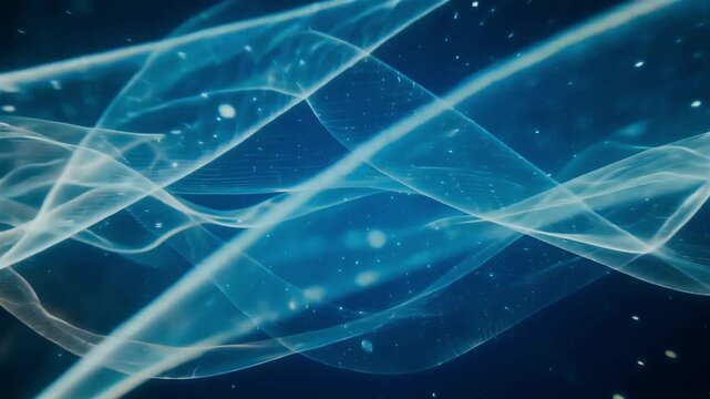Glowing blue light waves flowing through deep dark space in this smooth abstract motion clip