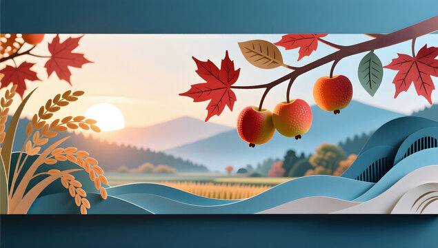 ripe fruits hanging from a branch beginning autumn seasonal illustration background