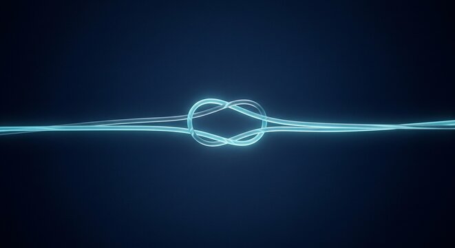 Glowing fiber optic strand tied in a knot connectivity and network problem concept