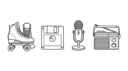 Retro 80s Icons: Roller Skates, Floppy Disk, Microphone, Radio - Line Art © onad
