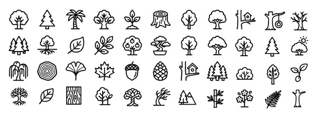 Minimalist tree line icons set, outline nature and forest vector symbols, collection of 44 botanical and foliage web elements © kingisking012