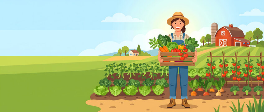 Flat vector illustration of a smiling woman farmer holding a harvest crate in a green vegetable garden