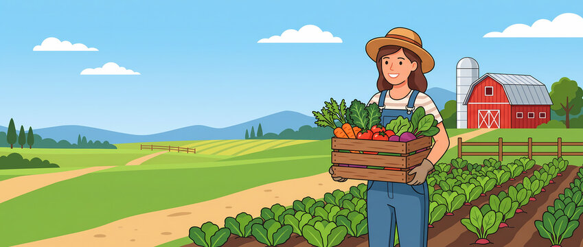 Flat vector illustration of a happy female farmer holding a wooden crate full of fresh organic vegetables