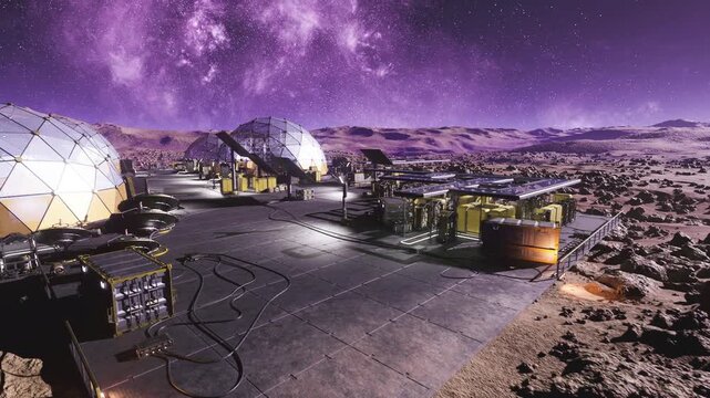first light over lunar research campus, shiny domes reflecting violet dawn, service vehicles moving, autonomous systems preparing exploration probes
