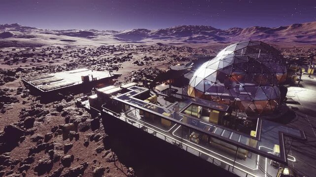 lunar base under violet sky, domed habitats illuminated landing platform and steam vents, robotic maintenance vehicles along illuminated walkway, solar arrays