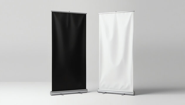 Blank white and black roll-up banner set display mockup, isolated, 3d rendering. Clear rollup baner design mock up, front view. Empty roller sign board template stand.