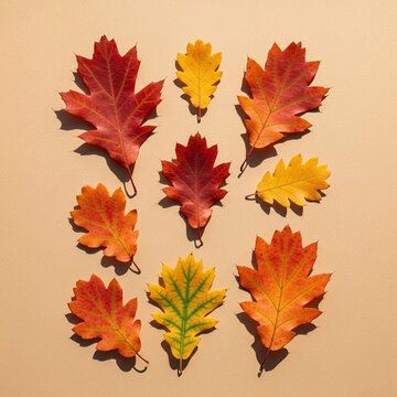 collection of colorful autumn oak leaves arranged on a beige background