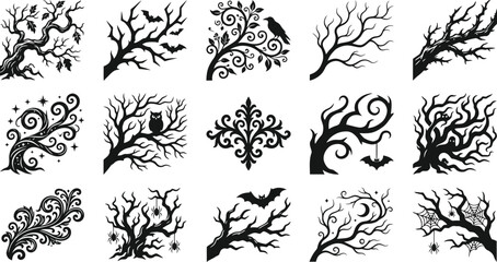 Naklejka premium Halloween vector bundle spooky tree silhouettes bats spiders and ornamental designs for fall graphics