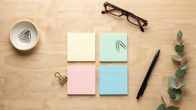 Colorful sticky notes glasses pen and plant on wooden desk for office supplies and stationery