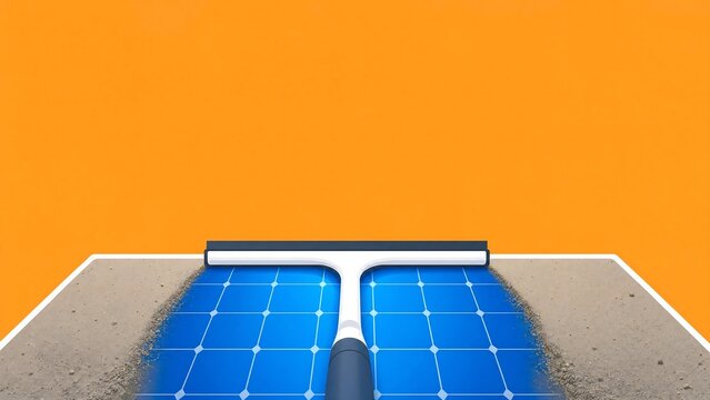 Solar Panel Cleaning: A squeegee cleans a dusty solar panel, illustrating the importance of maintenance for renewable energy efficiency, against a vibrant orange background.