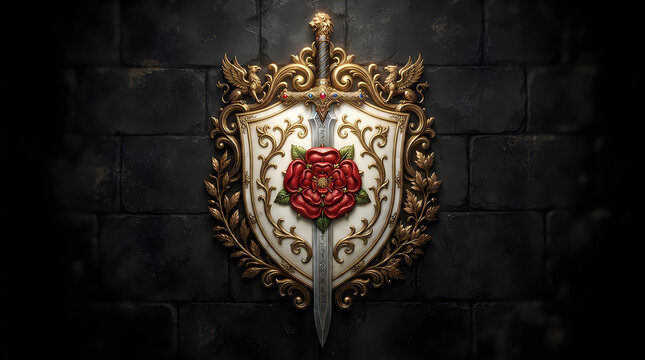 Decorative shield with sword and red rose emblem illustration