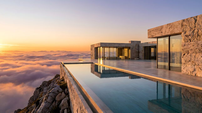 Modern luxury villa featuring a sleek infinity pool perched on a high mountain cliff edge overlooking a vast sea of clouds during a golden sunset