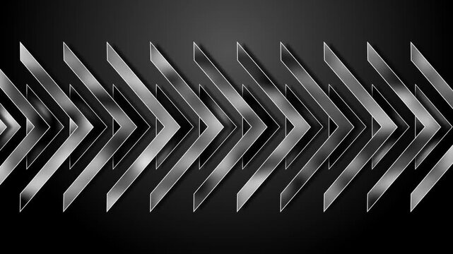 Row of metallic chevron arrows in repeating pattern on dark gradient background animation