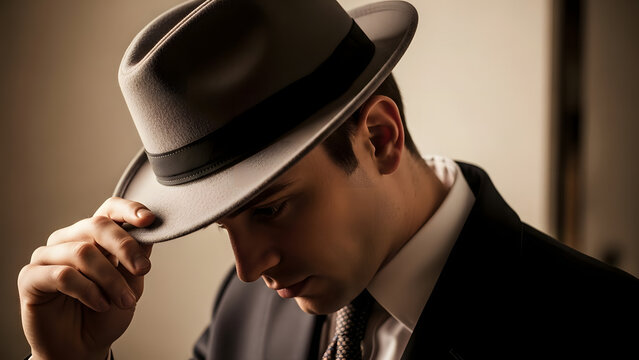 Elegant Man in Fedora Hat and Suit Tipping Hat, Vintage Style Portrait