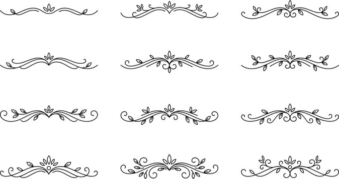 Decorative calligraphic design elements set, page dividers with leaves and floral ornaments.