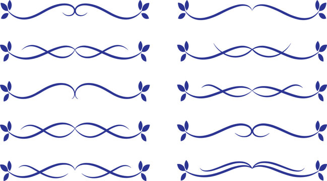 Set of blue decorative calligraphic borders and page rules with floral leaf elements, elegant collection for text division and frames.