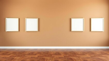 Fototapeta premium Four empty square picture frames hanging on a plain light brown wall in an empty room with a wooden floor