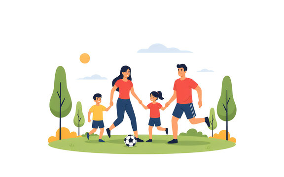 Happy family playing soccer outdoors illustration of parents and children enjoying active lifestyle
