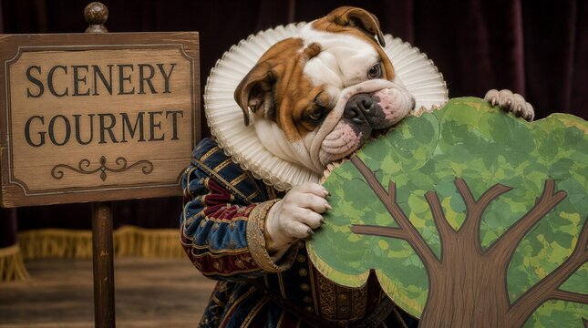 Anthropomorphic bulldog with overdramatic mood wearing medieval costume while gnawing on a stage prop tree representing the idiom chewing the scenery against theatrical background