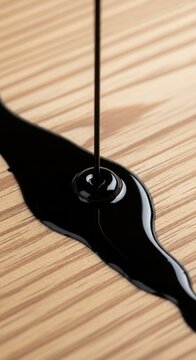 Deep black liquid stain absorbing into a raw wood grain surface, creating a dark ebony finish with visible natural patterns and textures, opaque, plank, matte