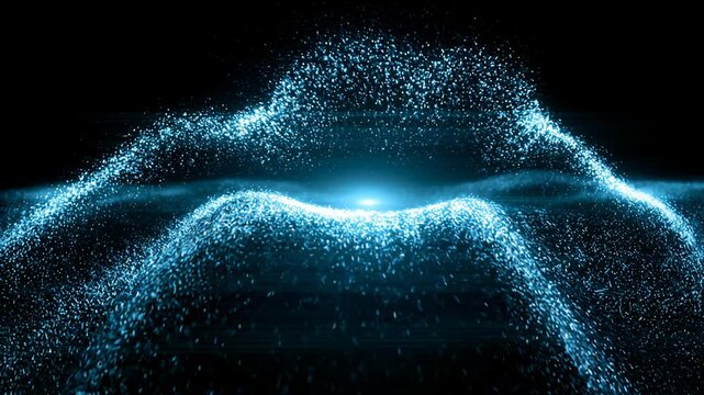 Blue light particle wave forming abstract mountain landscape. Digital technology data flow background. Futuristic network simulation for information visualization.